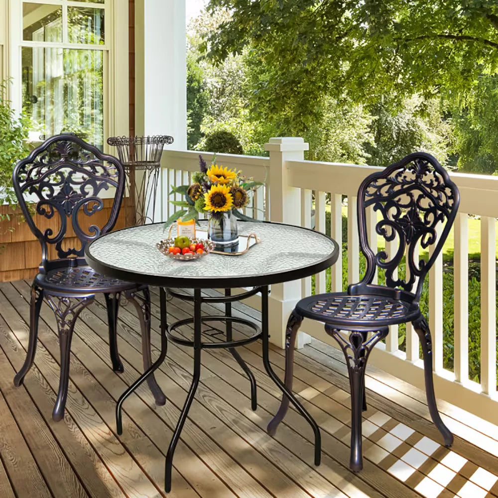 32-inch Modern Outdoor Patio Table with Tempered Glass Top and Iron Frame + Umbrella Hole