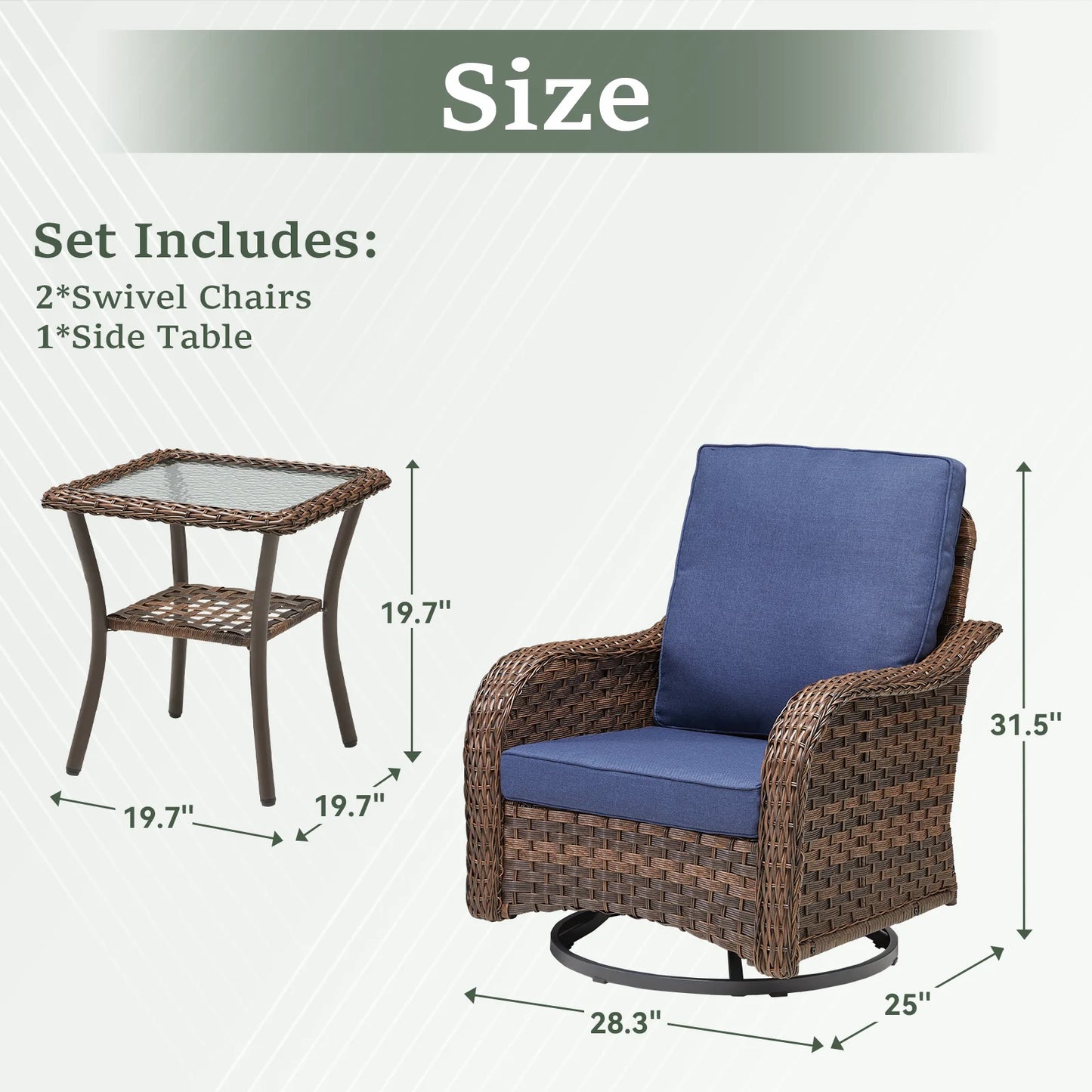 3 Pieces Outdoor Furniture Set – Swivel Gliders Rocker Wicker Patio Bistro Set with Side Table