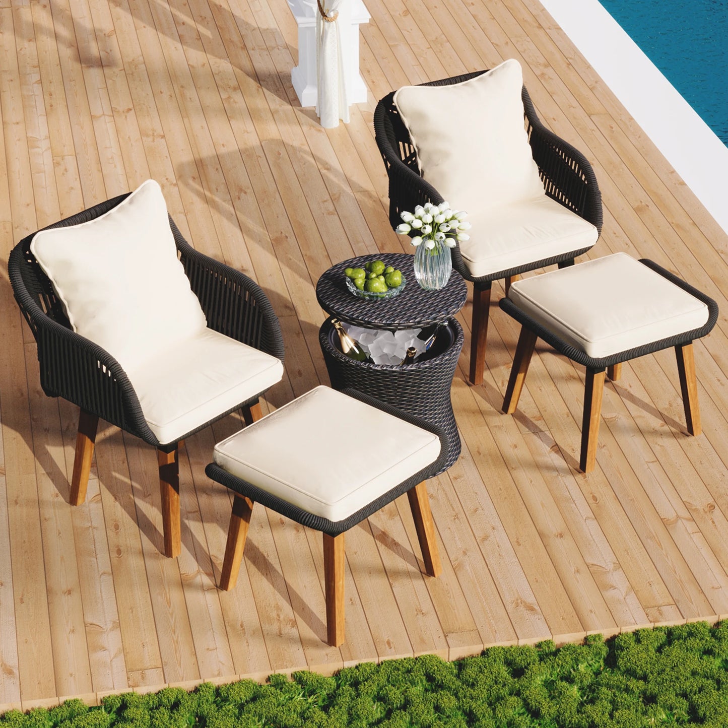 wicker patio conversation sets with a cool bar table + ottomans
