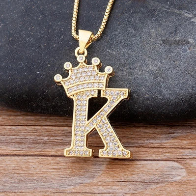 Nidin Premium Copper Zircon Alphabet Pendant Necklace with A-Z Crown Design