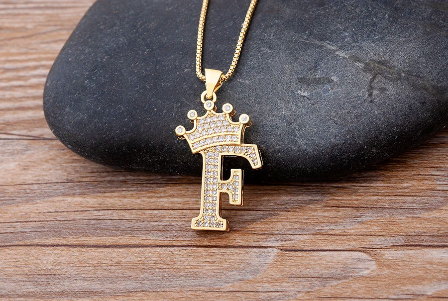 Nidin Premium Copper Zircon Alphabet Pendant Necklace with A-Z Crown Design