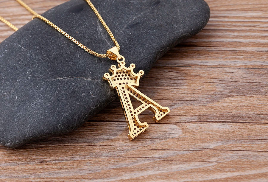 Nidin Premium Copper Zircon Alphabet Pendant Necklace with A-Z Crown Design