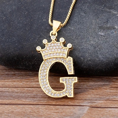 Nidin Premium Copper Zircon Alphabet Pendant Necklace with A-Z Crown Design