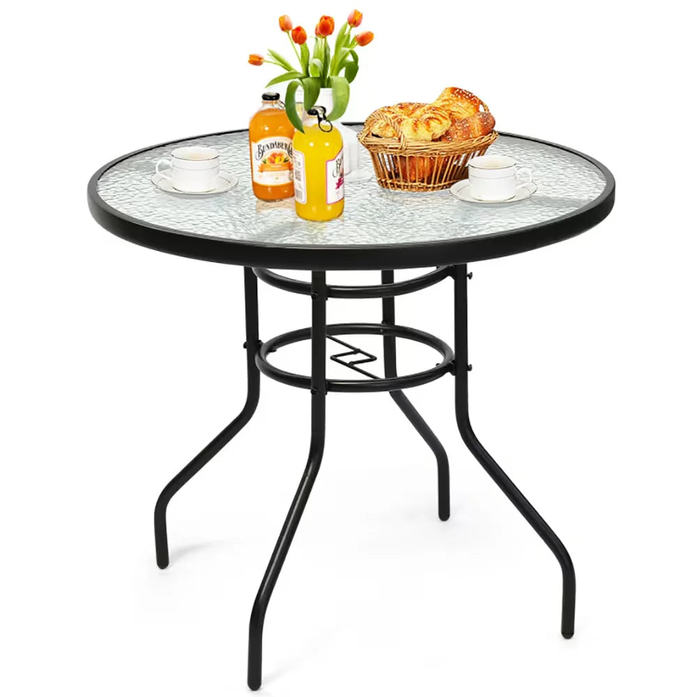 32-inch Modern Outdoor Patio Table with Tempered Glass Top and Iron Frame + Umbrella Hole