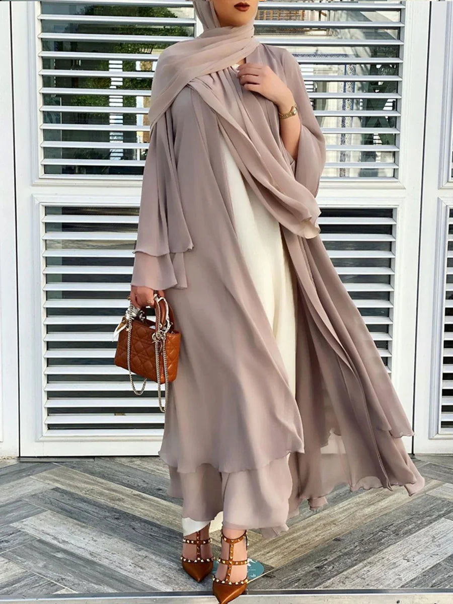 Latest Muslim Abaya – Two-Layer Chiffon Elegant Cardigan Robe for Women