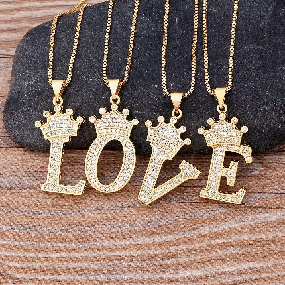 Nidin Premium Copper Zircon Alphabet Pendant Necklace with A-Z Crown Design