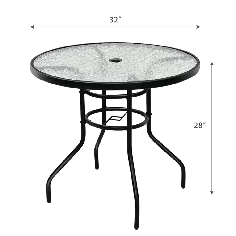 32-inch Modern Outdoor Patio Table with Tempered Glass Top and Iron Frame + Umbrella Hole