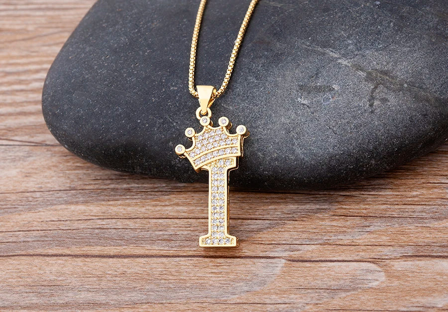 Nidin Premium Copper Zircon Alphabet Pendant Necklace with A-Z Crown Design