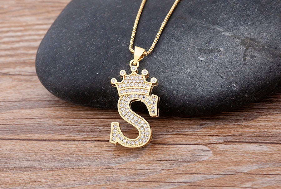 Nidin Premium Copper Zircon Alphabet Pendant Necklace with A-Z Crown Design