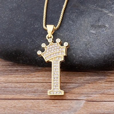 Nidin Premium Copper Zircon Alphabet Pendant Necklace with A-Z Crown Design