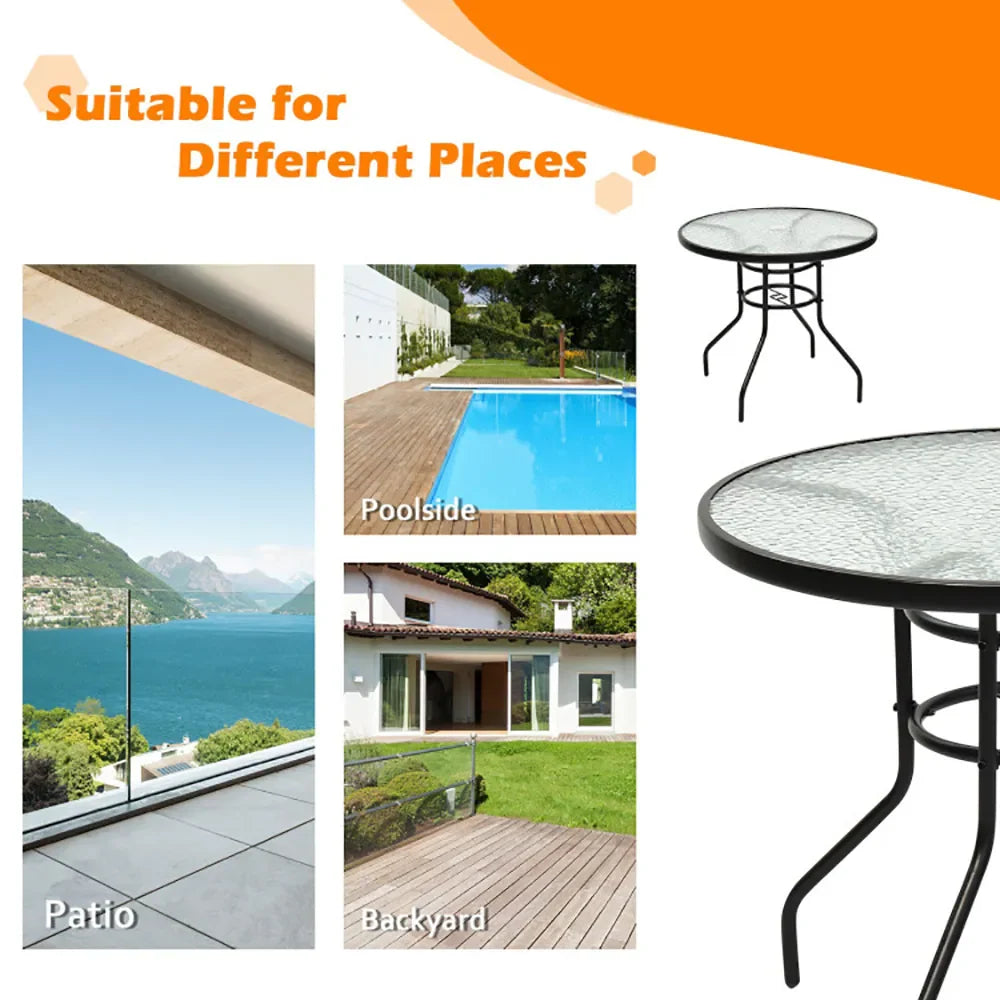 32-inch Modern Outdoor Patio Table with Tempered Glass Top and Iron Frame + Umbrella Hole