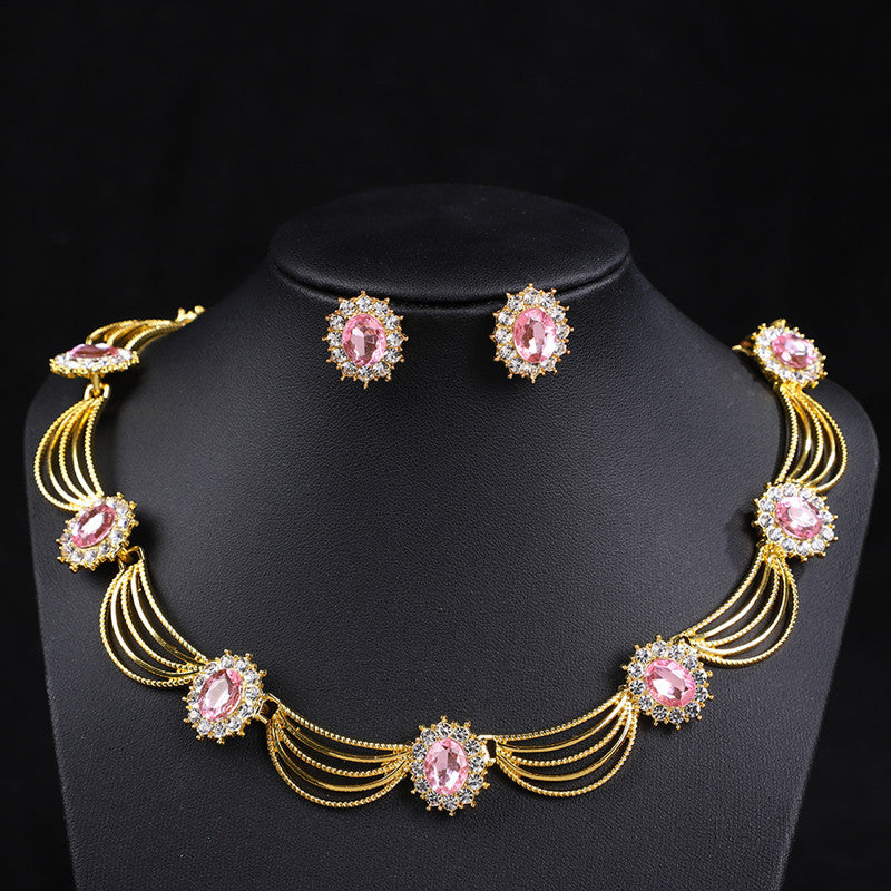 Vintage Gemstone Necklace & Earrings Set – Retro Medieval Royal Court Jewelry, Fan-Shaped Statement Pendant, Elegant Artistic Jewelry Gift for Women