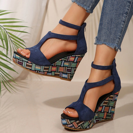 Women's Thick-Soled Wedge Sandals with Ankle Strap and Buckle – Hemp Sole Design