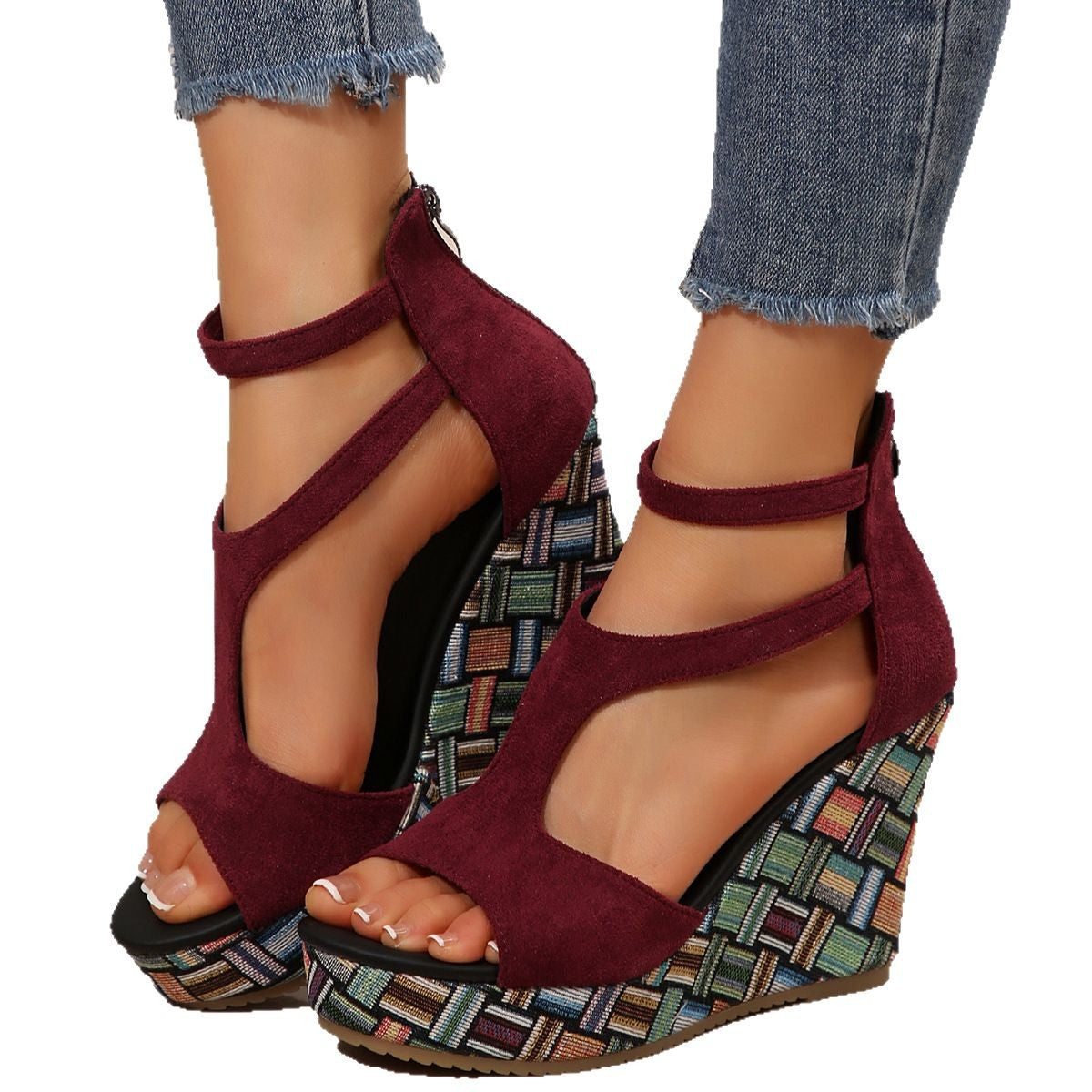 Women's Thick-Soled Wedge Sandals with Ankle Strap and Buckle – Hemp Sole Design