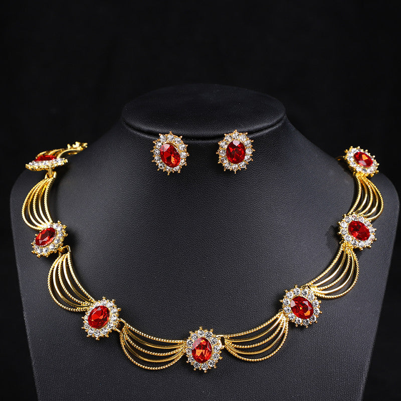 Vintage Gemstone Necklace & Earrings Set – Retro Medieval Royal Court Jewelry, Fan-Shaped Statement Pendant, Elegant Artistic Jewelry Gift for Women