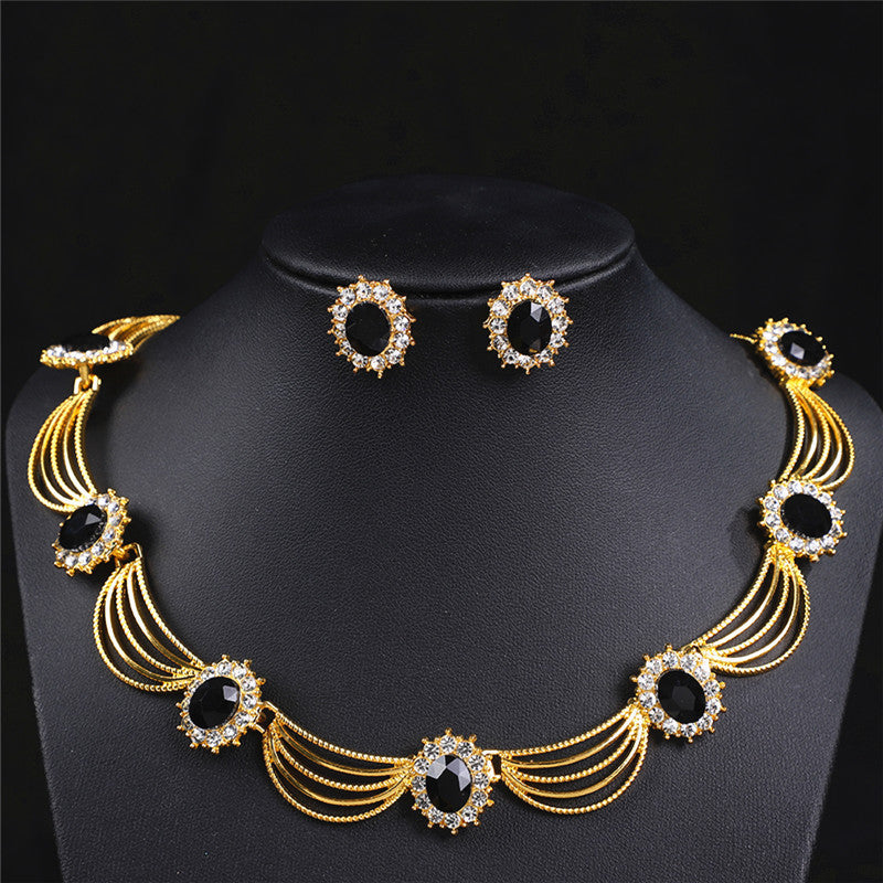 Vintage Gemstone Necklace & Earrings Set – Retro Medieval Royal Court Jewelry, Fan-Shaped Statement Pendant, Elegant Artistic Jewelry Gift for Women