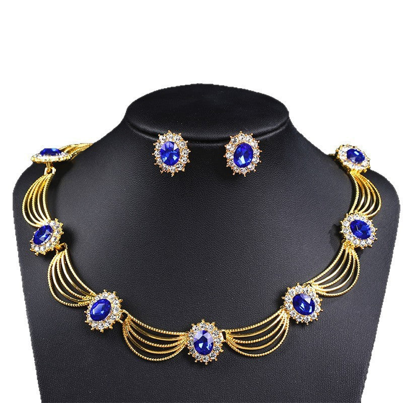 Vintage Gemstone Necklace & Earrings Set – Retro Medieval Royal Court Jewelry, Fan-Shaped Statement Pendant, Elegant Artistic Jewelry Gift for Women
