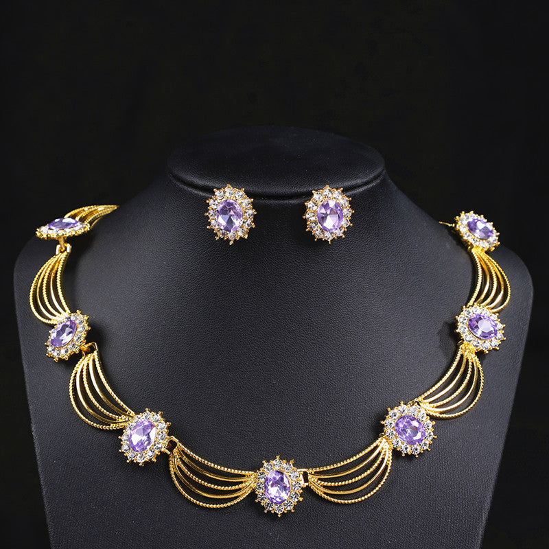 Vintage Gemstone Necklace & Earrings Set – Retro Medieval Royal Court Jewelry, Fan-Shaped Statement Pendant, Elegant Artistic Jewelry Gift for Women