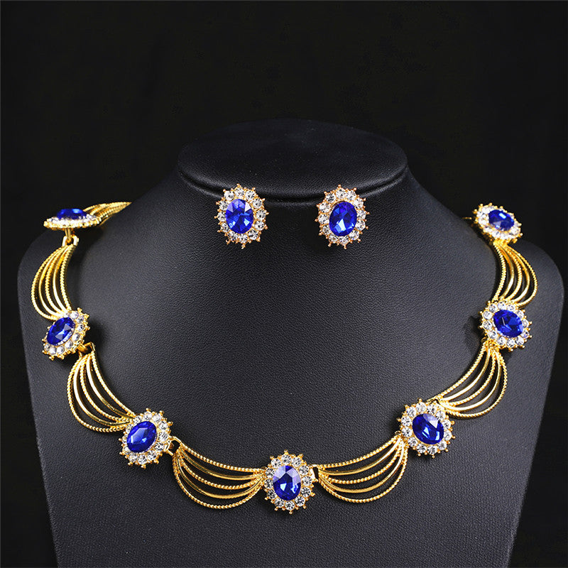 Vintage Gemstone Necklace & Earrings Set – Retro Medieval Royal Court Jewelry, Fan-Shaped Statement Pendant, Elegant Artistic Jewelry Gift for Women