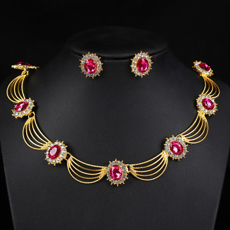 Vintage Gemstone Necklace & Earrings Set – Retro Medieval Royal Court Jewelry, Fan-Shaped Statement Pendant, Elegant Artistic Jewelry Gift for Women