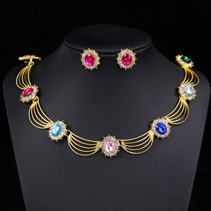 Vintage Gemstone Necklace & Earrings Set – Retro Medieval Royal Court Jewelry, Fan-Shaped Statement Pendant, Elegant Artistic Jewelry Gift for Women