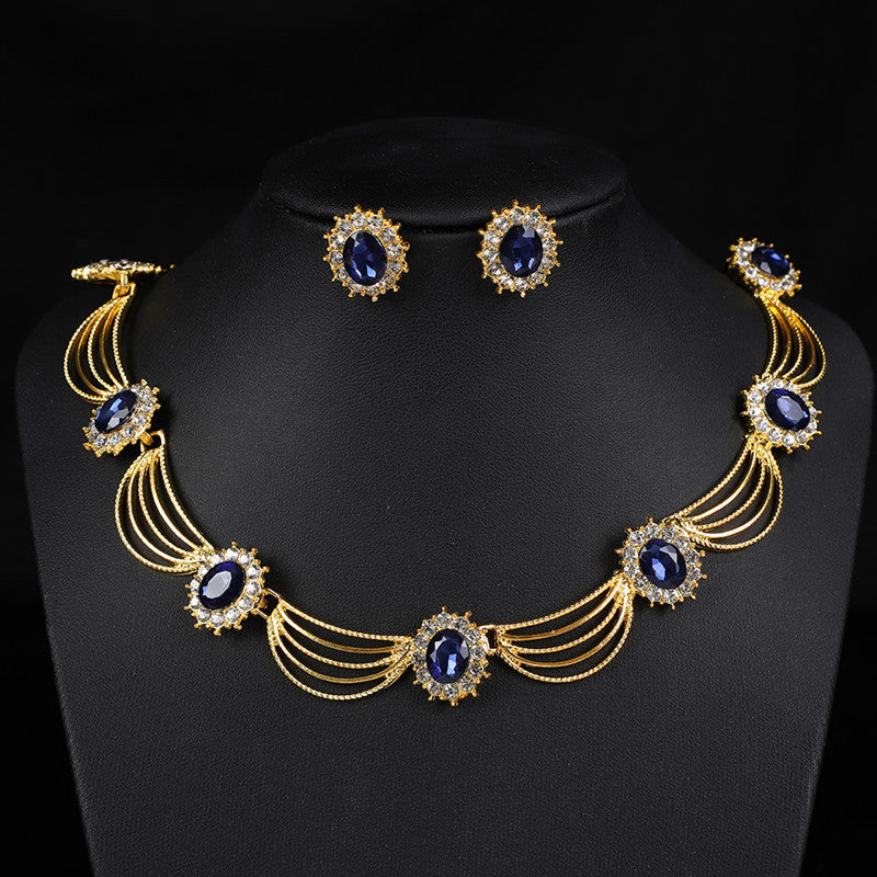 Vintage Gemstone Necklace & Earrings Set – Retro Medieval Royal Court Jewelry, Fan-Shaped Statement Pendant, Elegant Artistic Jewelry Gift for Women