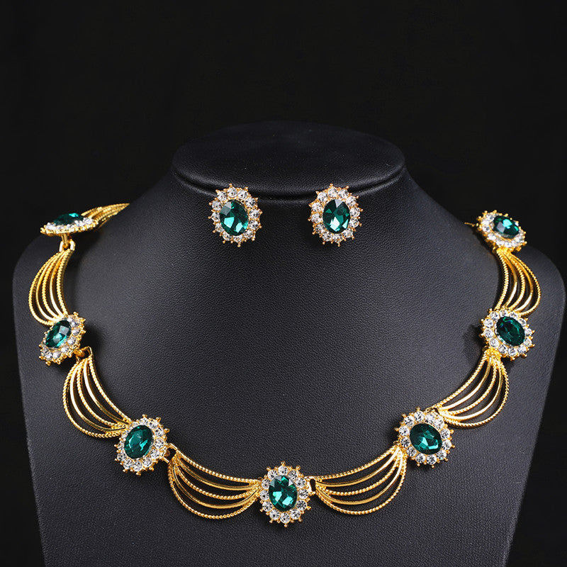 Vintage Gemstone Necklace & Earrings Set – Retro Medieval Royal Court Jewelry, Fan-Shaped Statement Pendant, Elegant Artistic Jewelry Gift for Women