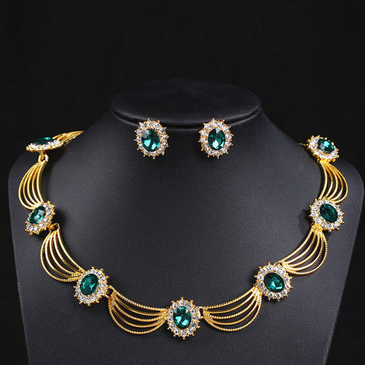 Vintage Gemstone Necklace & Earrings Set – Retro Medieval Royal Court Jewelry, Fan-Shaped Statement Pendant, Elegant Artistic Jewelry Gift for Women