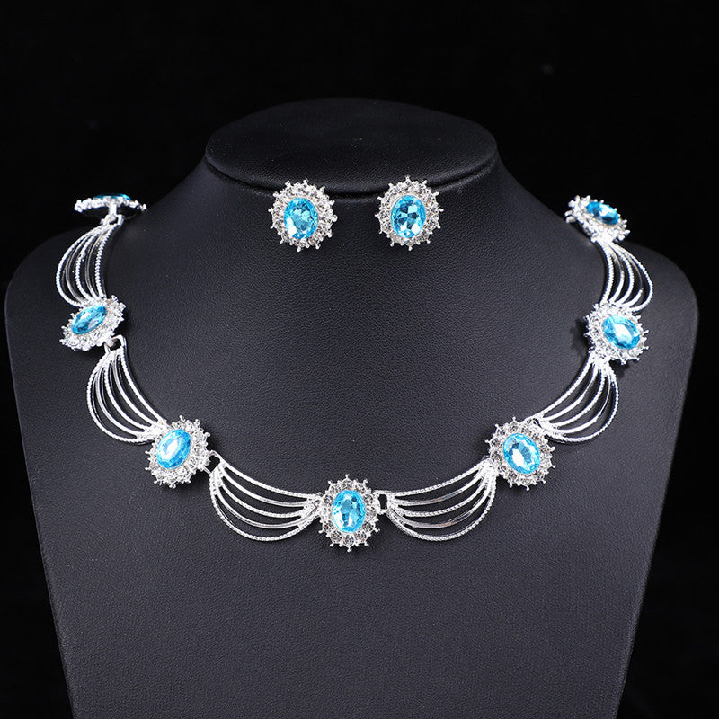 Vintage Gemstone Necklace & Earrings Set – Retro Medieval Royal Court Jewelry, Fan-Shaped Statement Pendant, Elegant Artistic Jewelry Gift for Women