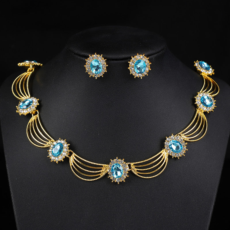 Vintage Gemstone Necklace & Earrings Set – Retro Medieval Royal Court Jewelry, Fan-Shaped Statement Pendant, Elegant Artistic Jewelry Gift for Women