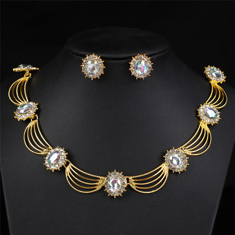 Vintage Gemstone Necklace & Earrings Set – Retro Medieval Royal Court Jewelry, Fan-Shaped Statement Pendant, Elegant Artistic Jewelry Gift for Women