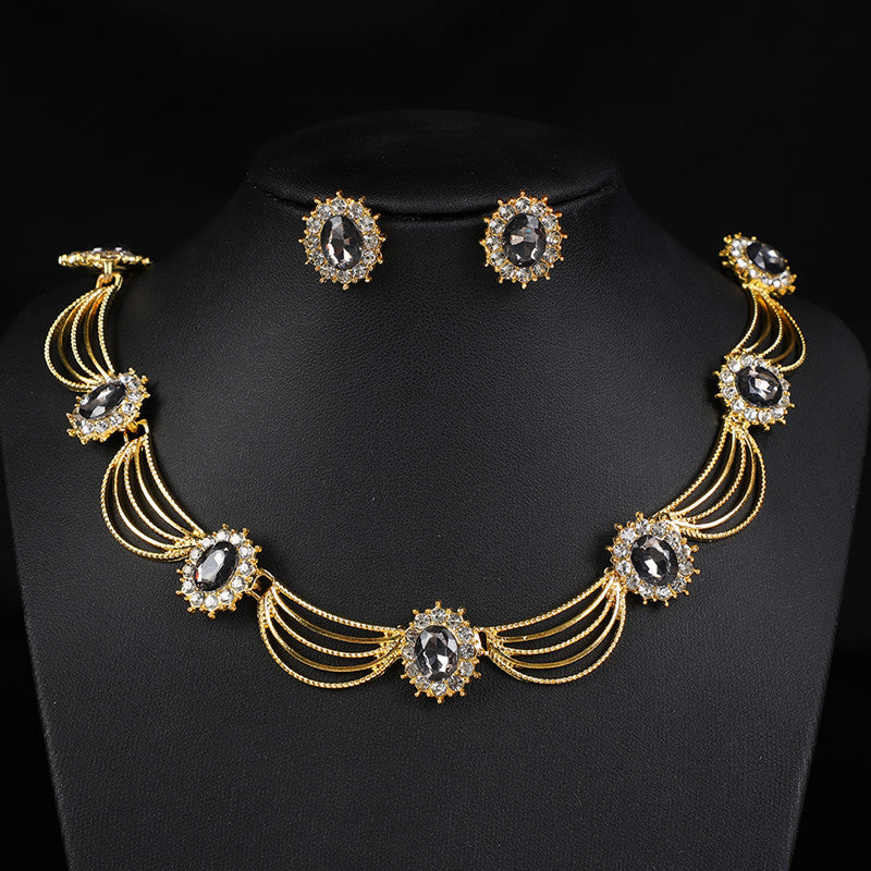 Vintage Gemstone Necklace & Earrings Set – Retro Medieval Royal Court Jewelry, Fan-Shaped Statement Pendant, Elegant Artistic Jewelry Gift for Women