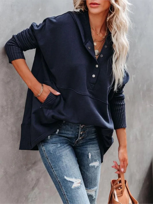 Stay Cozy in Style – Casual Loose White V-Neck Hooded Sweatshirt for Women