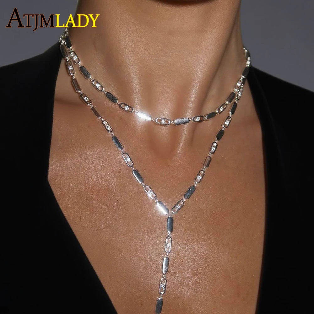 Geometric Rectangle Bling Micro Pave CZ Bar Link Chain Choker Lariat Y Necklace – Silver C