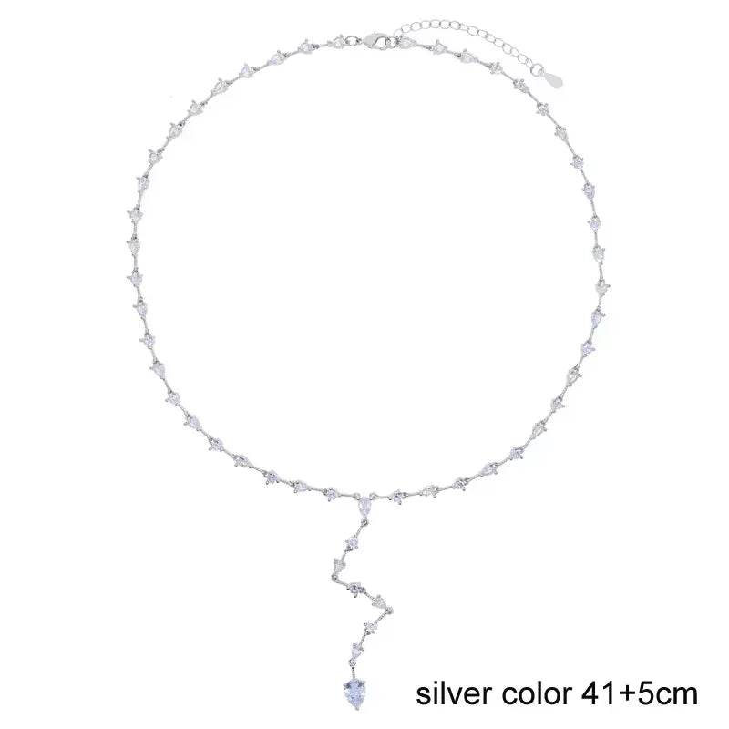 Fashion Special Water Drop Bling Oval CZ Choker Necklace Gold Color Lariat Long Bar Tear Drop Y Shape Long Tassel Women Jewelry