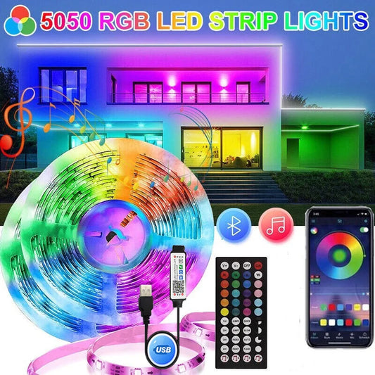 USB RGB LED Strip Kit (1M–30M) – Music Sync, WiFi/App Control, Sound Activated, 44-Key Remote, DC 5V
