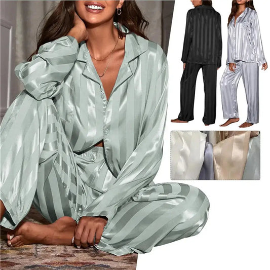 Women's Summer Striped Silk Satin Pajama Set – Long Sleeve Top & Trousers