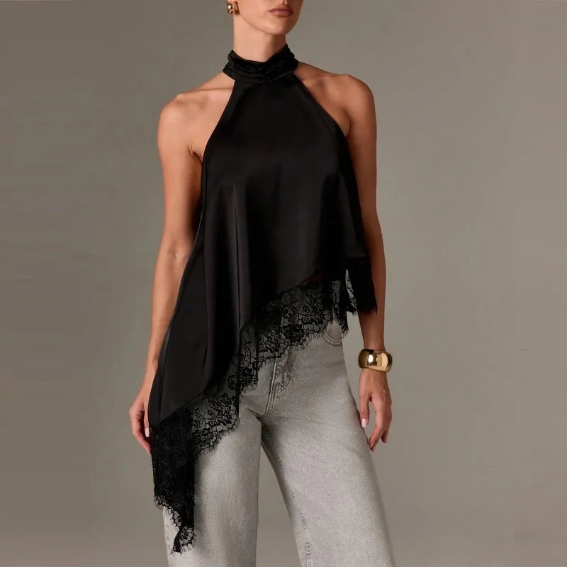 Women Y2K Mock Neck Halter Top – Satin Lace Asymmetrical Hem Sleeveless Crop Tank
