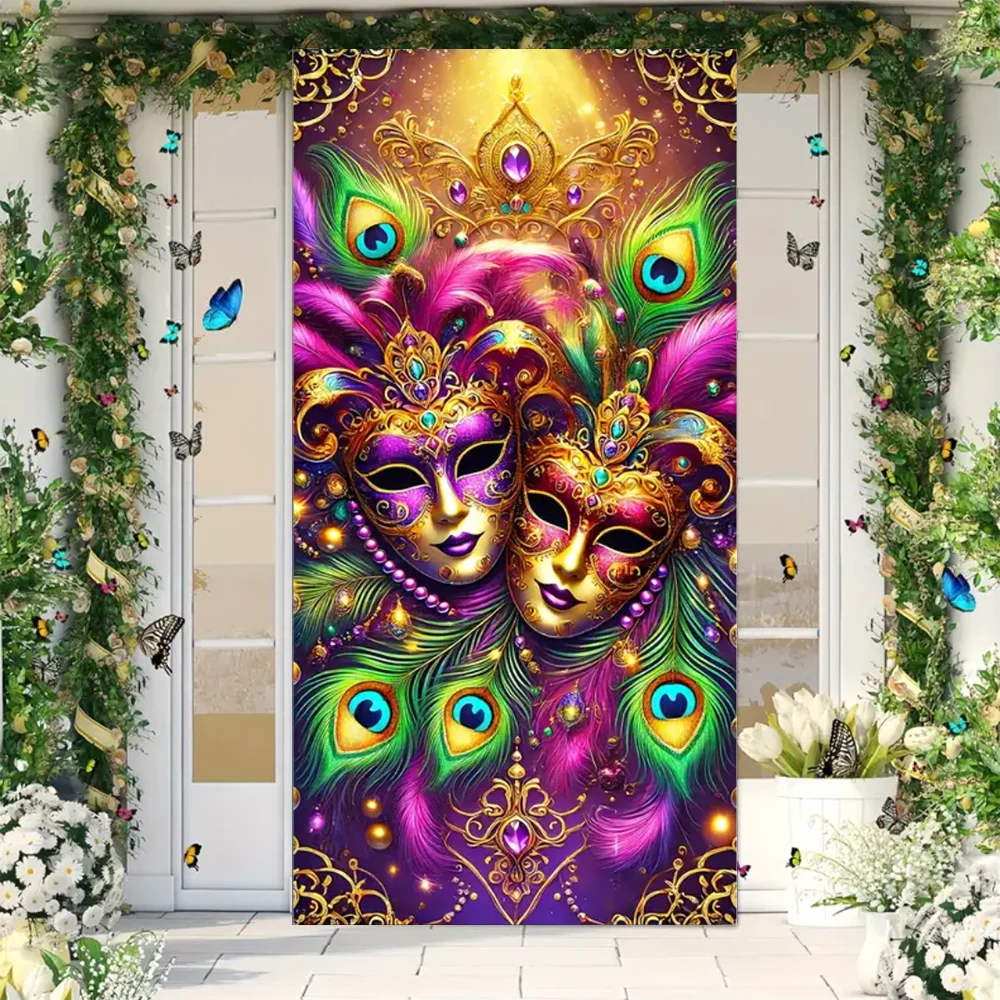 Mardi Gras Door Cover Banner – Colorful Masquerade Mask & Feather Print Backdrop for Party Decorations, Porch, Indoor & Outdoor Celebrations