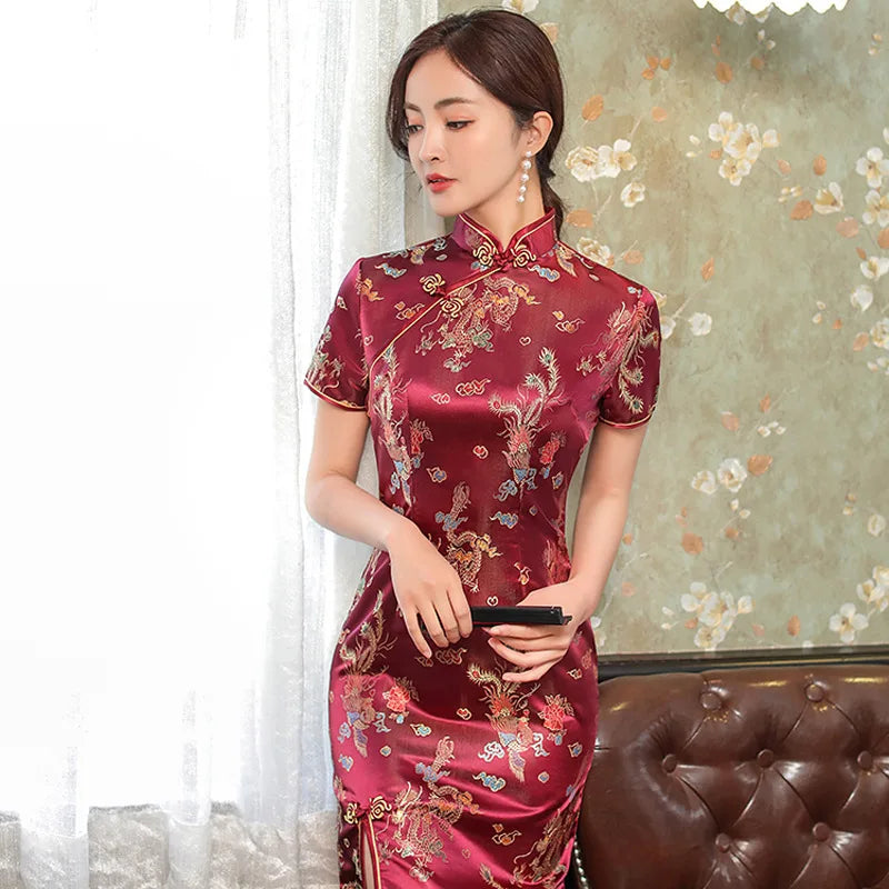 Chinese Style Dragon & Phoenix Qipao Dress – Vintage Elegant Cheongsam