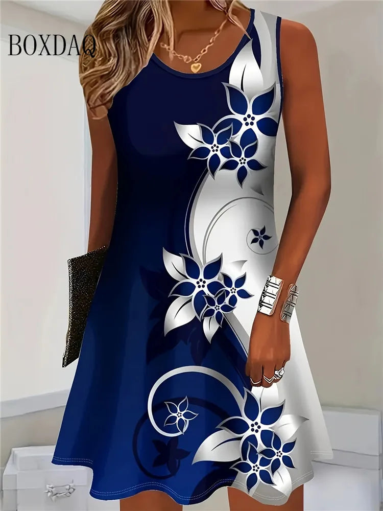 Bohemian Fashion Dress Cowboy Vest Floral Print Casual Tank Beach Dress