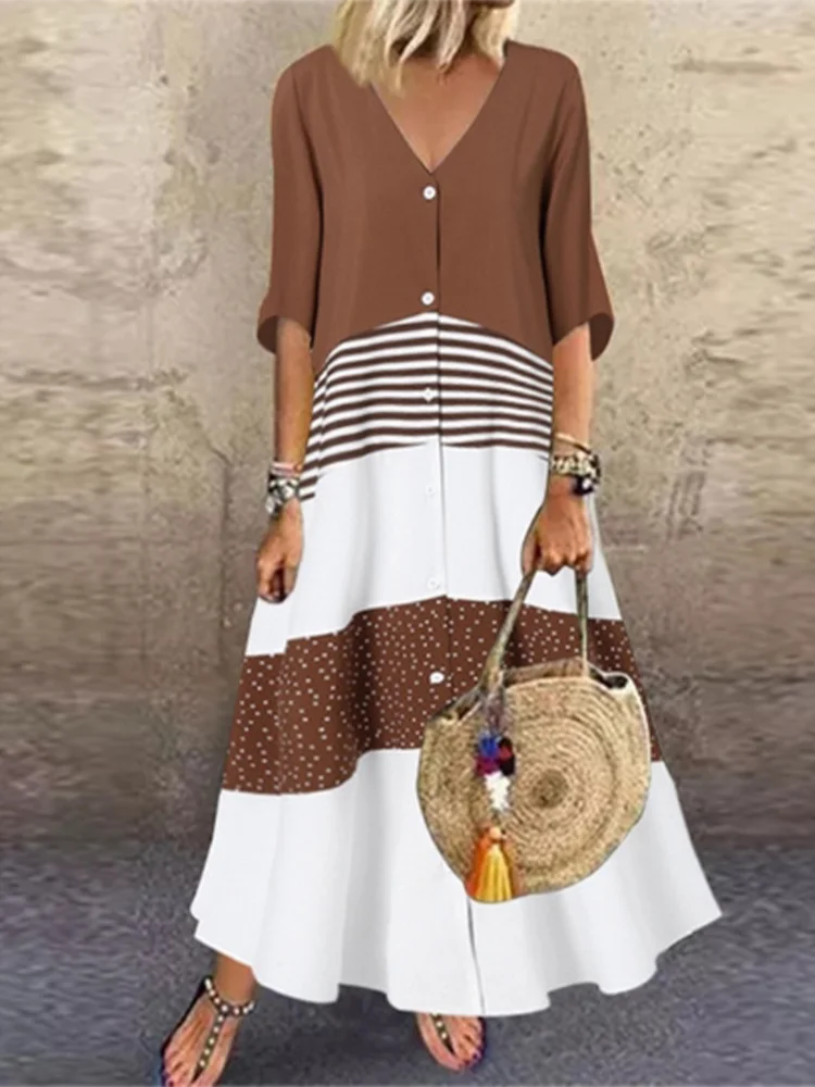 Color Blocked Printed V-Neck Button-Up Summer Dress – Retro Street Style for Women