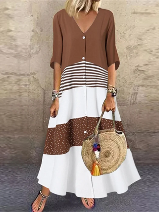 Color Blocked Printed V-Neck Button-Up Summer Dress – Retro Street Style for Women