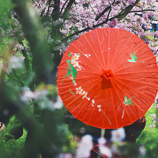 Vintage Chinese Silk Oil Paper Umbrella – Red Flower Design