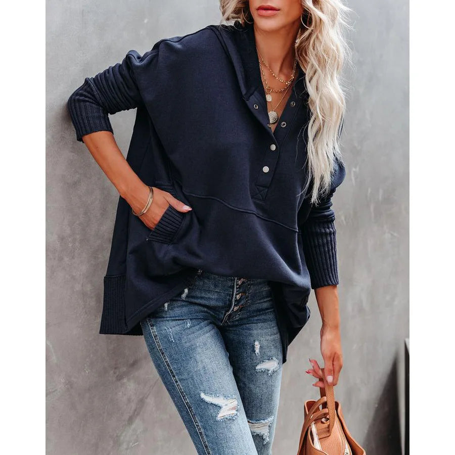 Stay Cozy in Style – Casual Loose White V-Neck Hooded Sweatshirt for Women