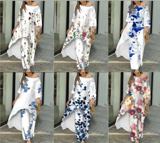 Women’s Two-Piece Pant Set – Floral Print, Casual & Comfortable