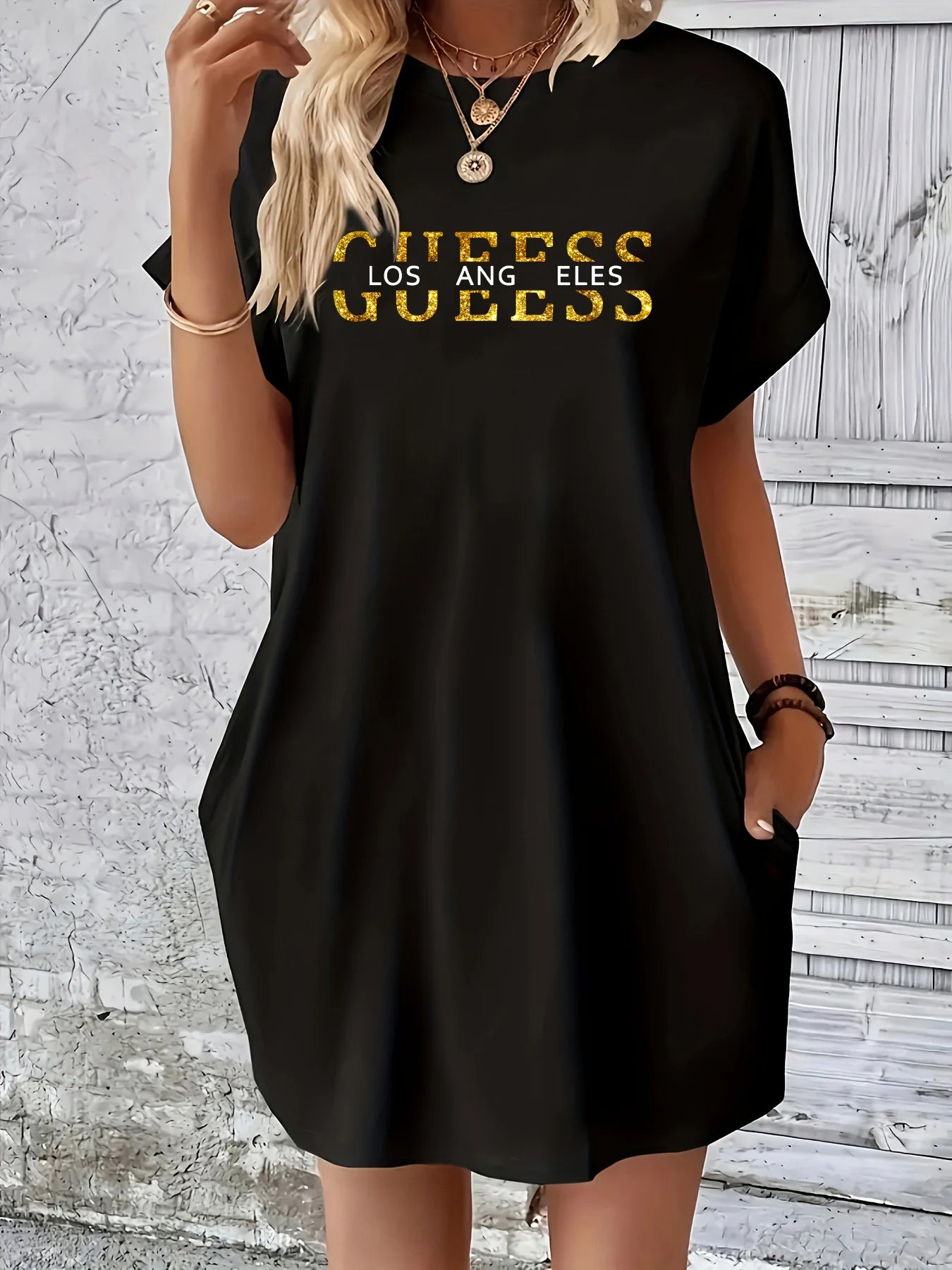 Women’s GUEESS Los Angeles Letter Print Casual Plus Size Dress – Summer Loose Short Sleeve Pocket Dress