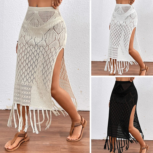 Women’s Knitted Texture Sarong Skirt – Sexy High Slit Tassel Beach Cover-Up