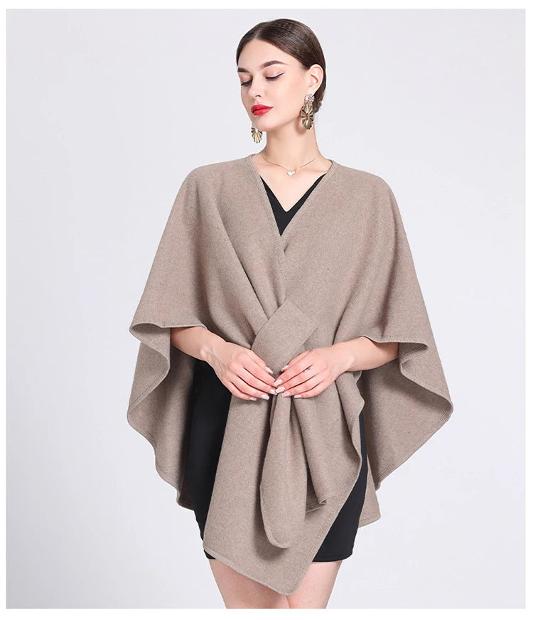 Fashion Side Strap Wool-Blend Poncho Cape – Autumn/Winter Women’s Cardigan Shawl Cloak