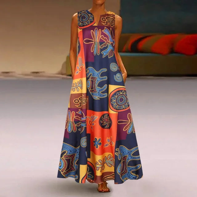 Summer Women’s Artistic Retro Sleeveless V-Neck Oversized Swing Maxi Dress | Casual Loose Boho Long
